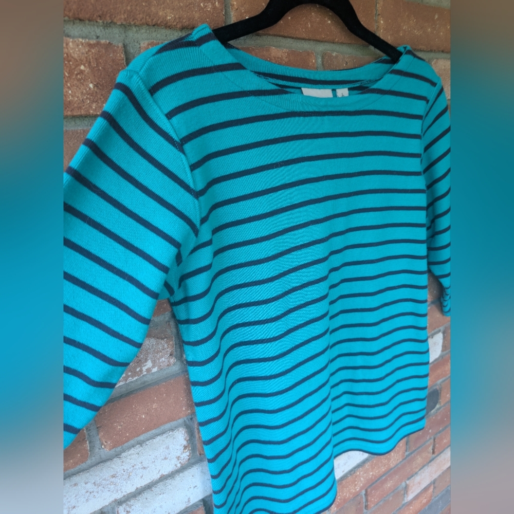 L.L. Bean L Striped greenish Blue Color striped Women's Top. 3/4 Sleeve. - Picture 4 of 10